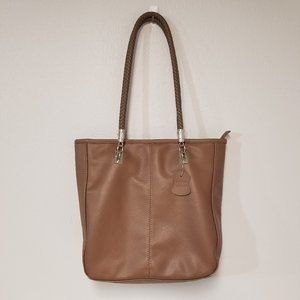 Womens Genuine Leather Tote Shoulder Bag Rope Weaved Handles Brown Zip Top